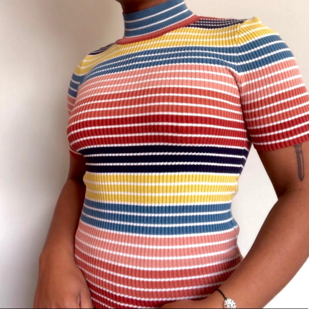 Striped turtleneck, multi-color.